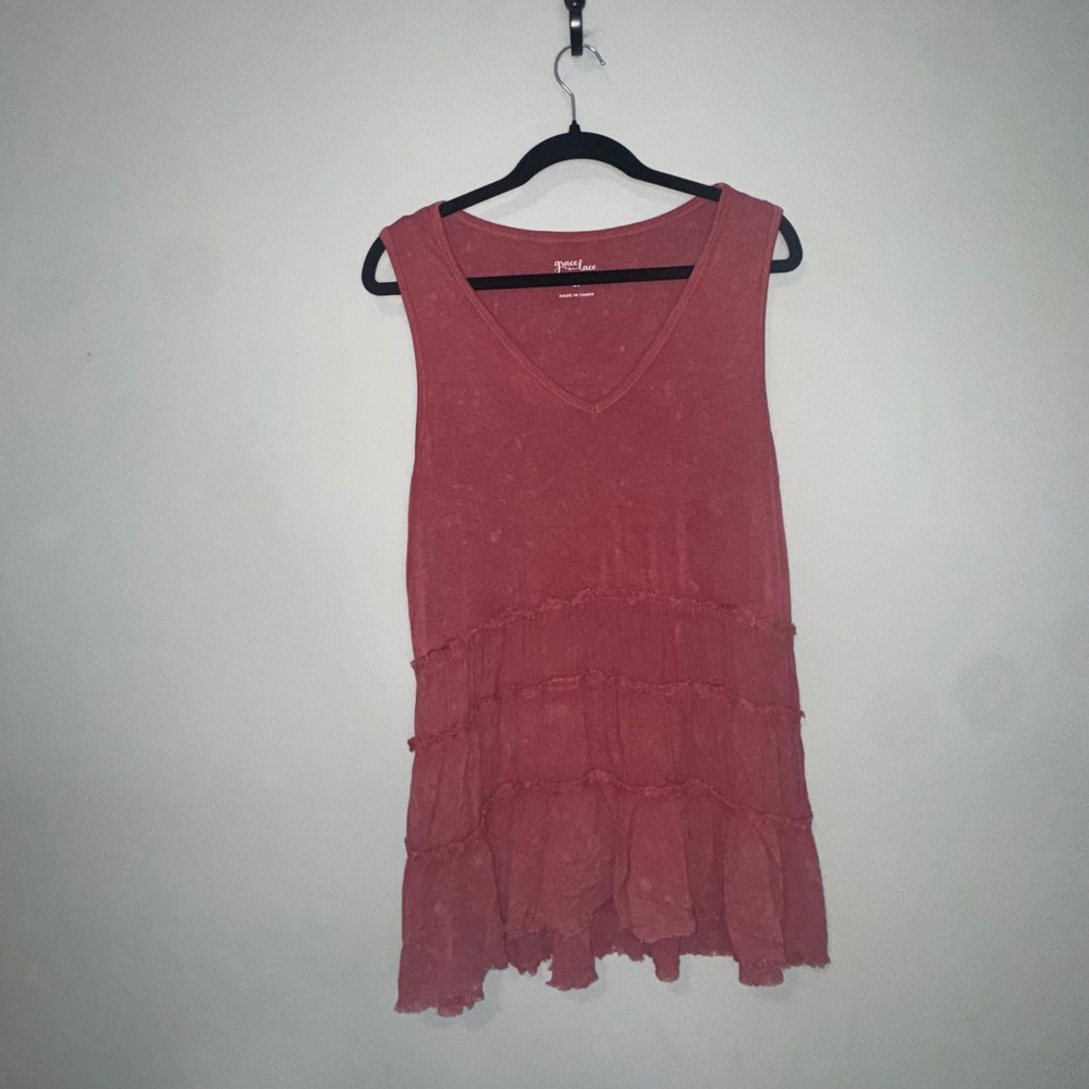 Grace & Lace Womens Large Coral Pink Mineral Wash Tiered Ruffle Tunic‎ Tank Top